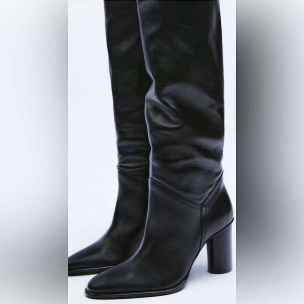 ZARA Black Leather Knee High Boots NWT